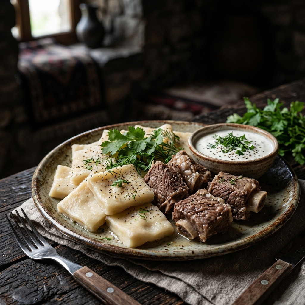 Классическая подача дагестанского хинкала: бульон, мясо, чесночный соус и само тесто
